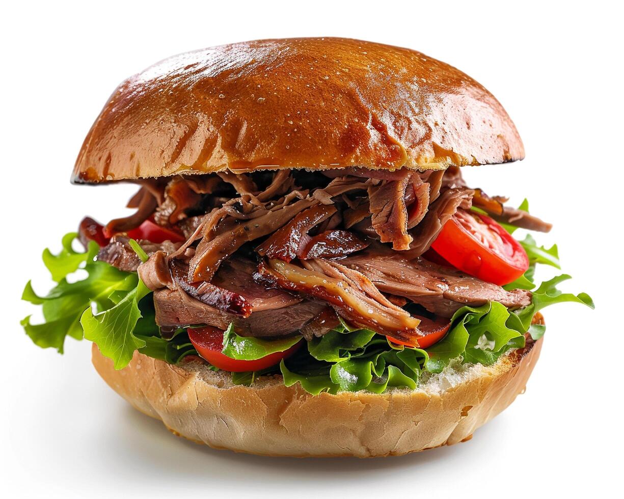 a large sandwich with meat and vegetables on a white background photo