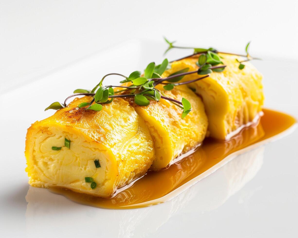a plate with a roll of food on it photo