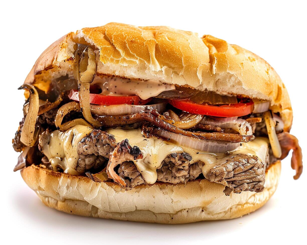 a large burger with cheese and onions on a white background photo