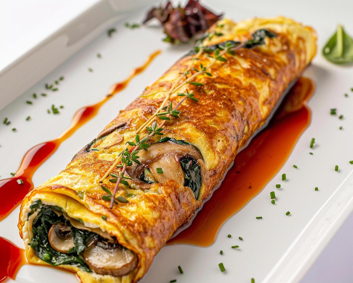 a long omelet with mushrooms and sauce on a plate photo
