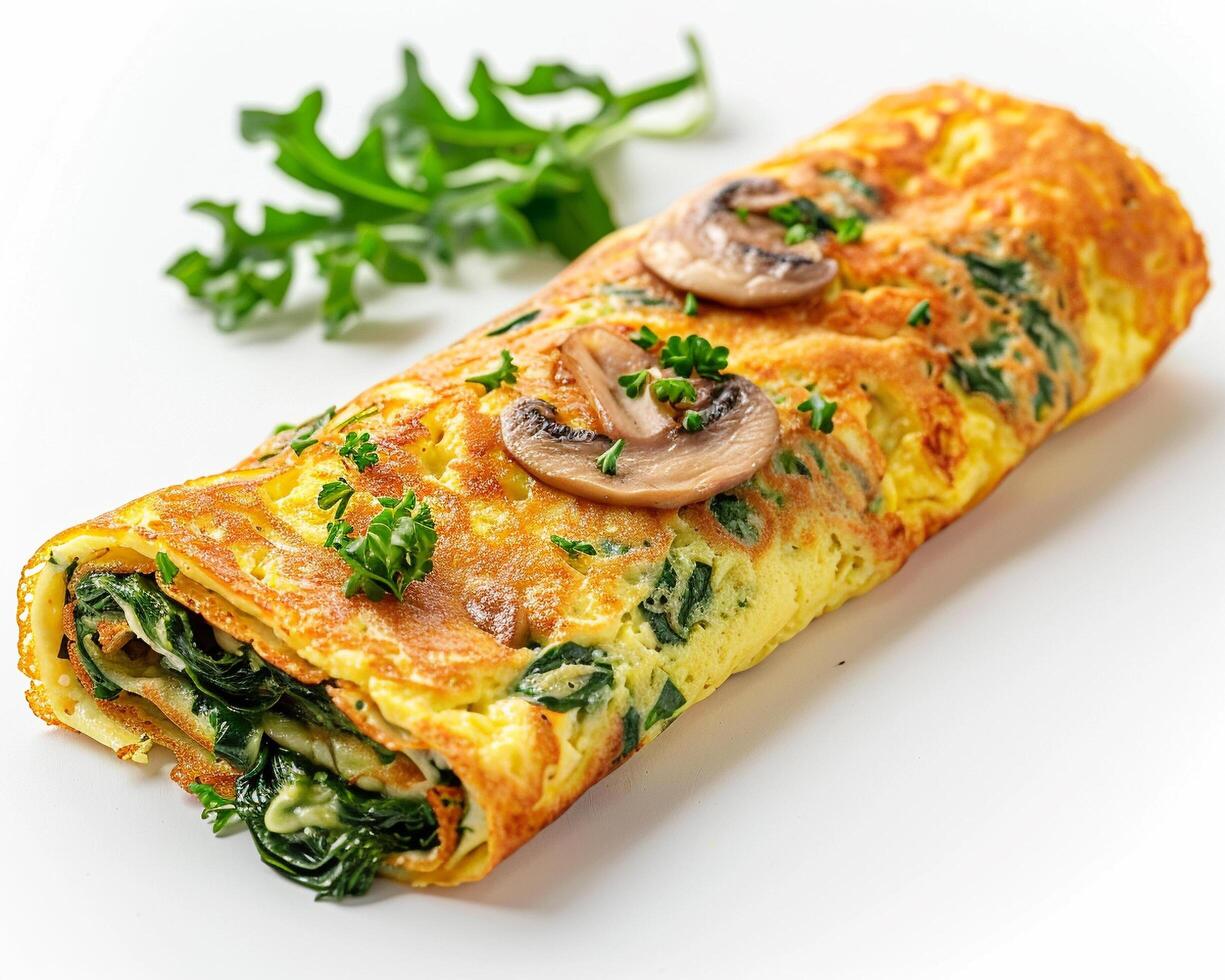 a white plate with a roll of omelet photo