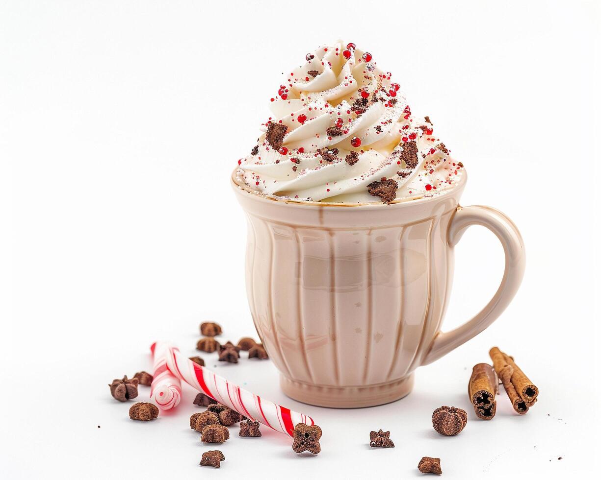 a hot chocolate with whipped cream and candy canes photo