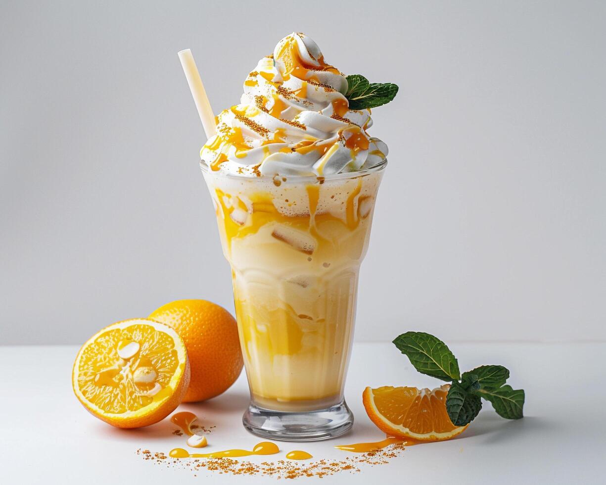 a drink with whipped cream and orange slices photo