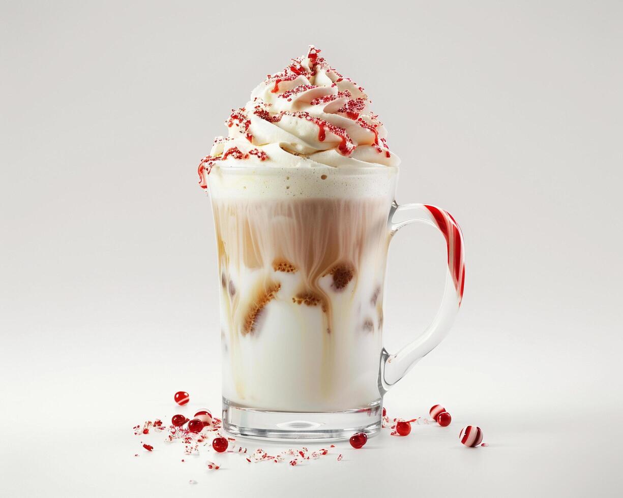 a peppermint iced coffee with whipped cream and candy canes photo