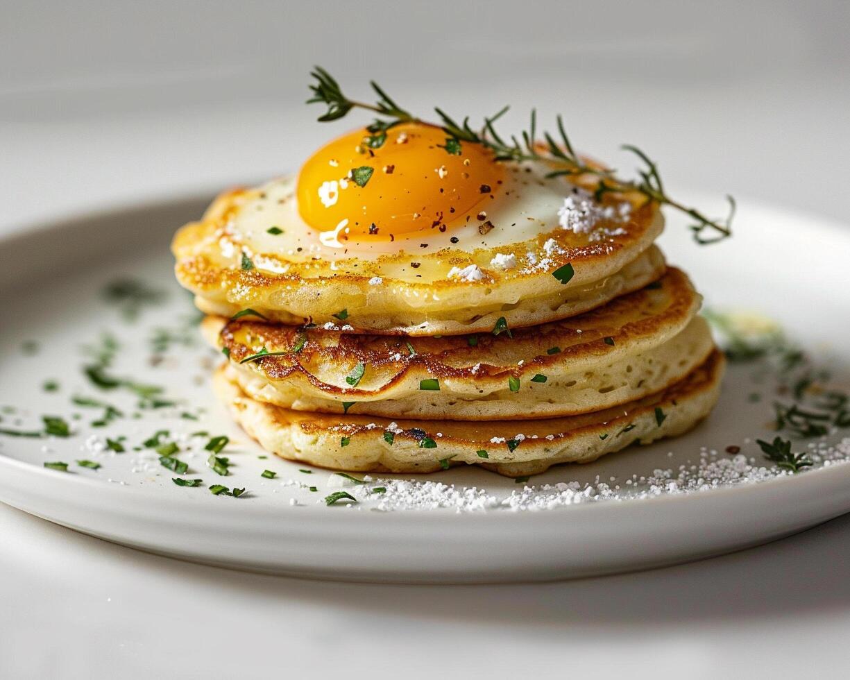 a stack of pancakes with an egg on top photo
