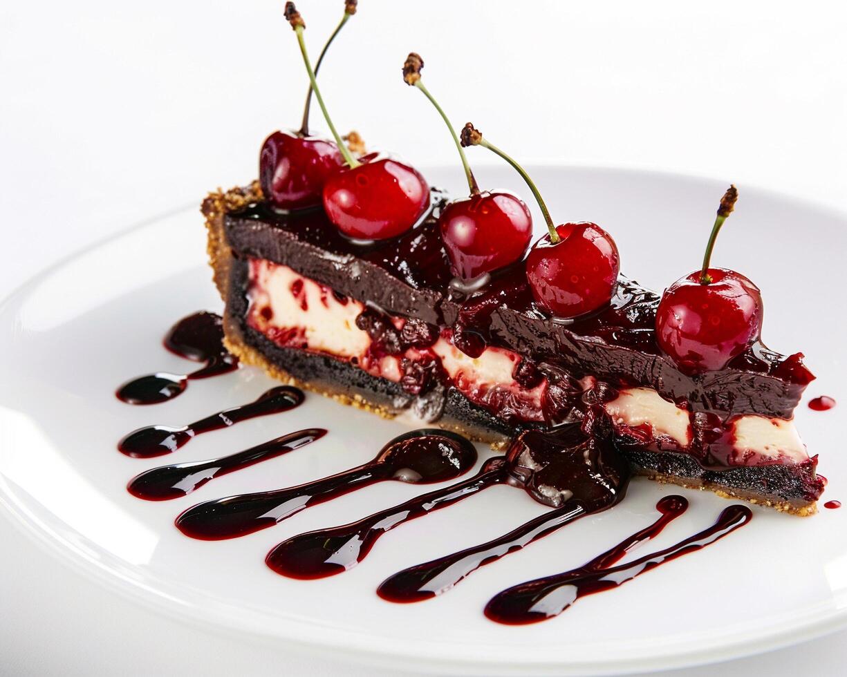a piece of cheesecake with cherries on top photo