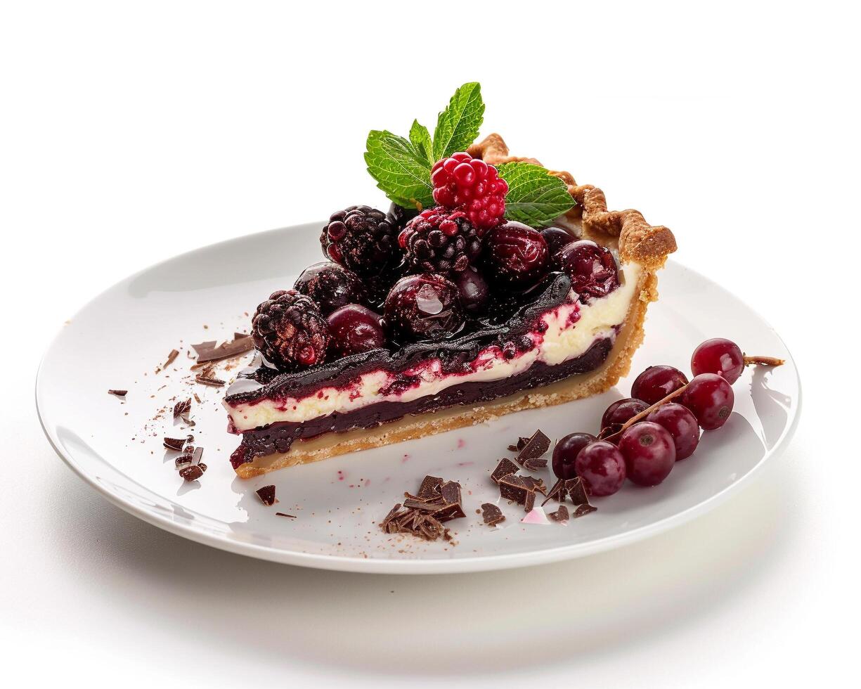 a piece of pie with berries and chocolate photo