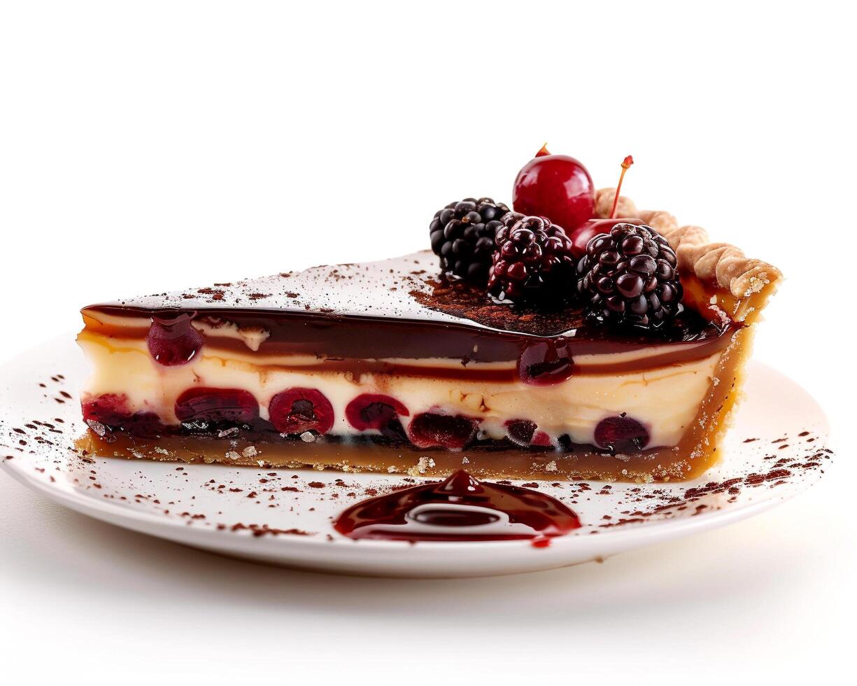 a piece of cheesecake with berries and chocolate photo