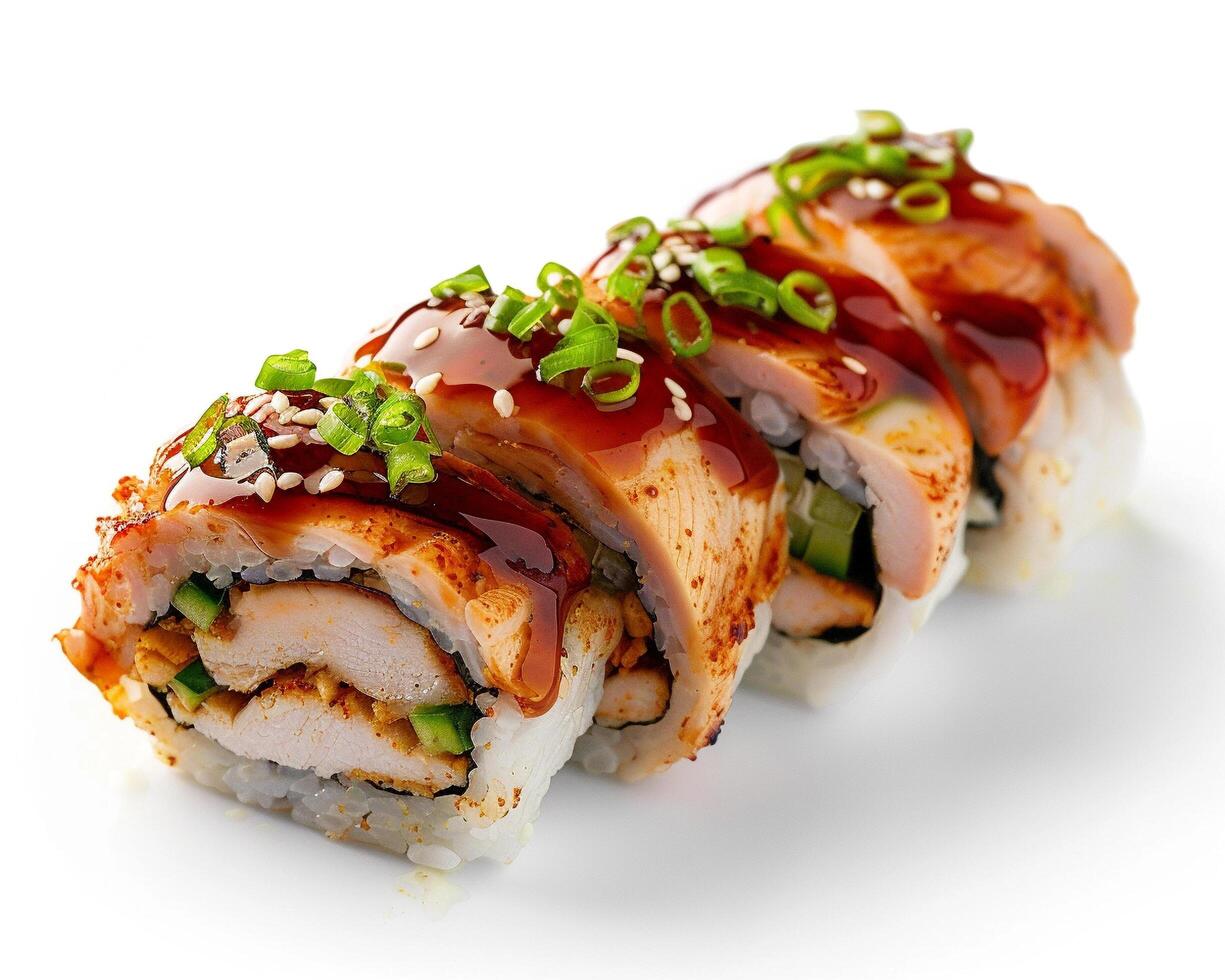 a sushi roll with chicken and green onions photo