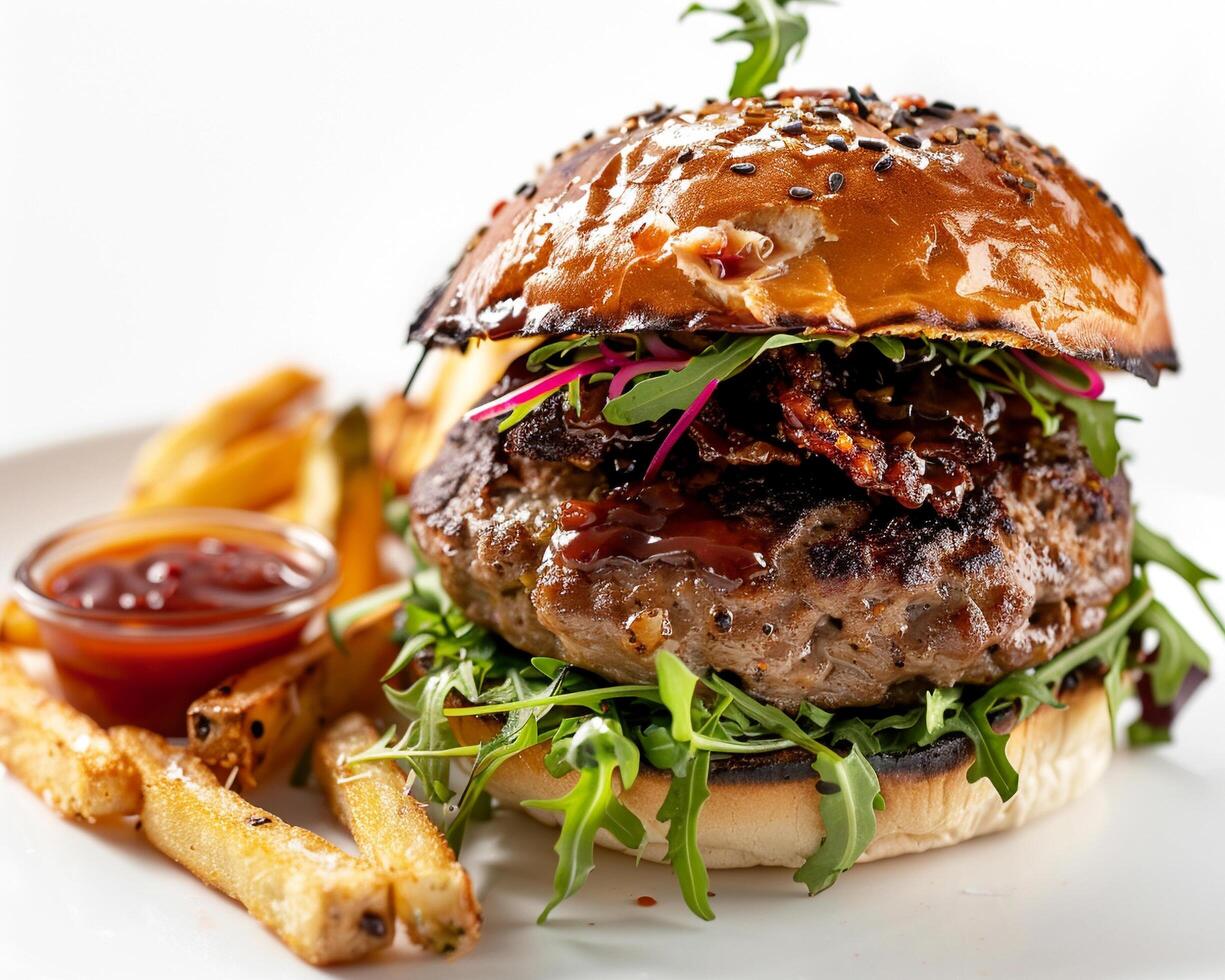 un hamburguesa con papas fritas y salsa de tomate en un blanco plato foto