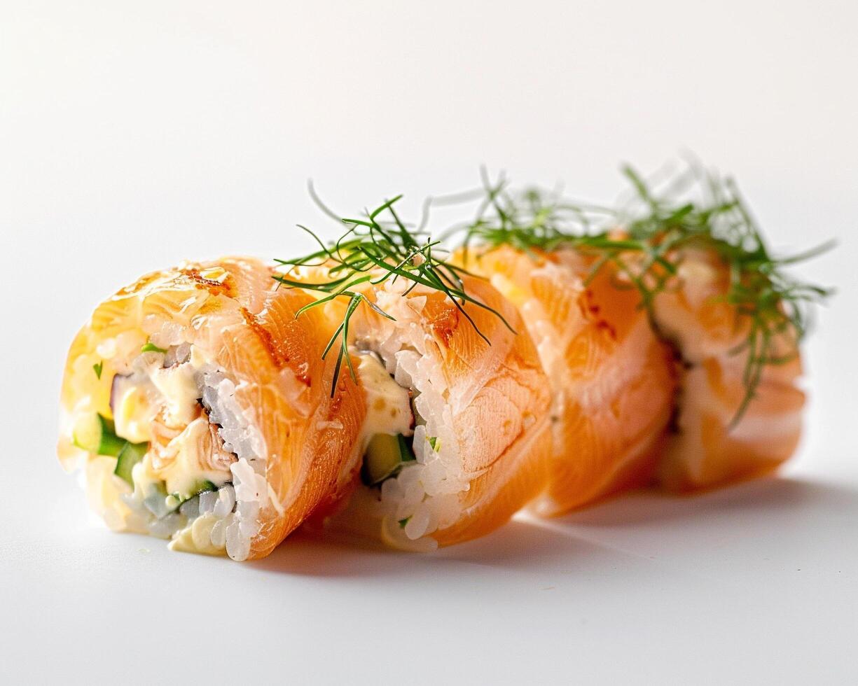 a sushi roll with salmon and cucumber on a white surface photo