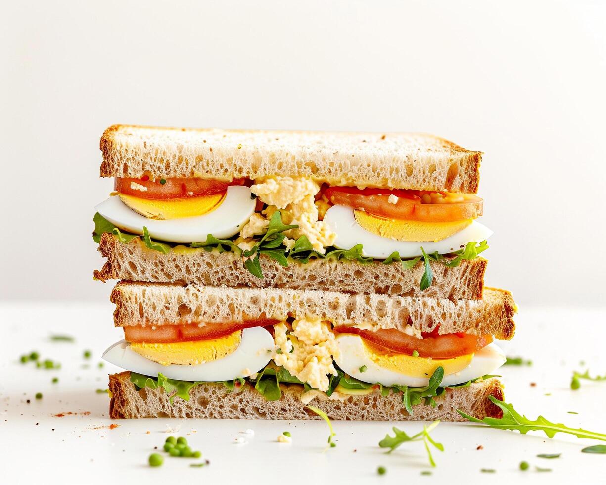 a sandwich with eggs, tomatoes and cheese photo