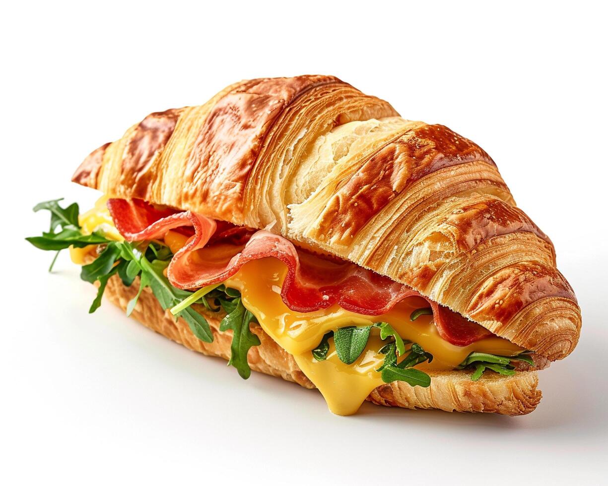 a croissant sandwich with cheese and bacon photo