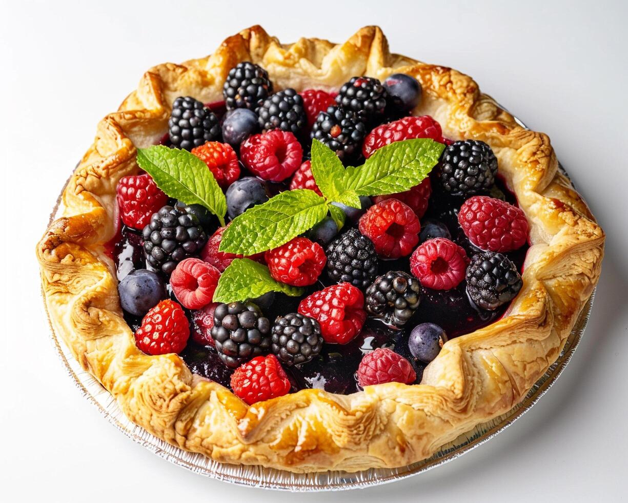 a pie with berries and mint leaves on top photo