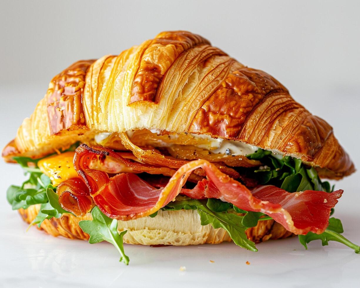 a croissant sandwich with bacon and lettuce photo