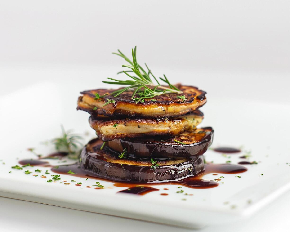 a stack of eggplant with a drizzle of balsamic vinegar photo