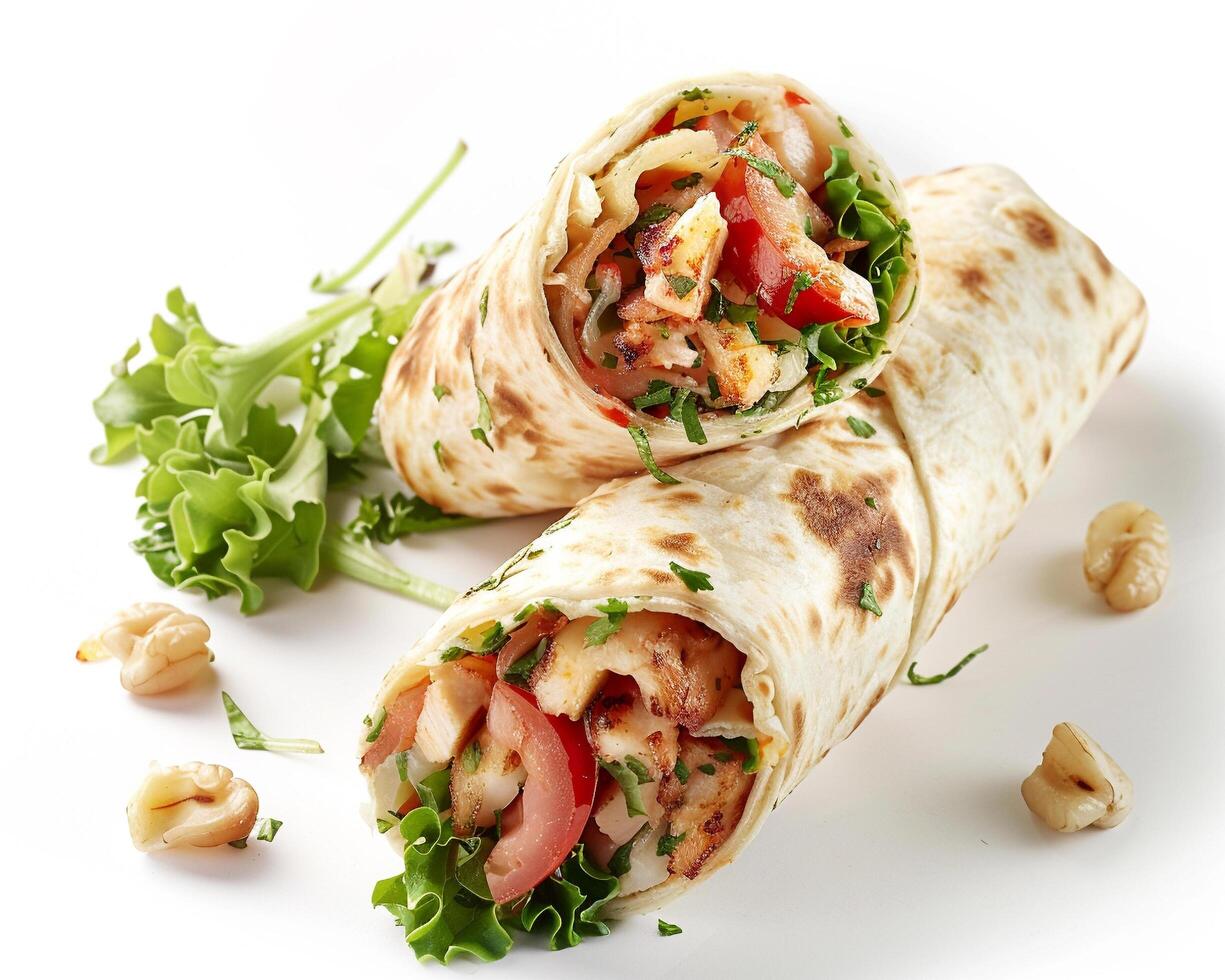 a wrap with chicken, lettuce and nuts photo