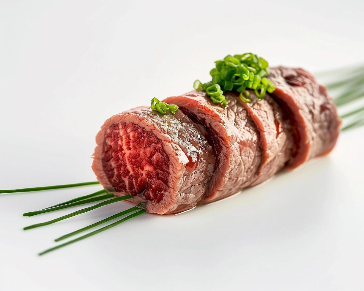 a piece of meat with green herbs on top photo