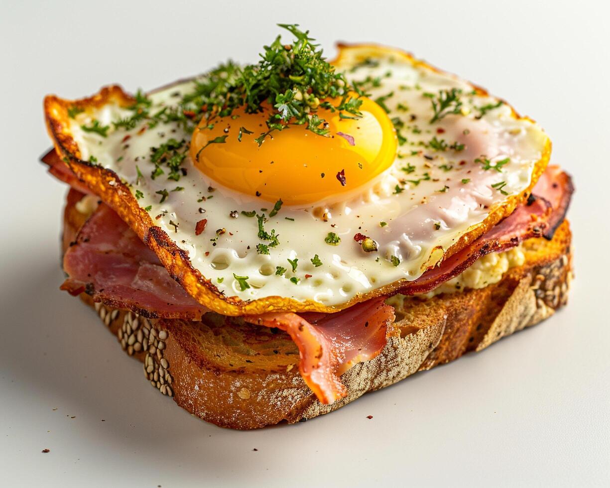 a piece of bread with an egg and bacon on it photo