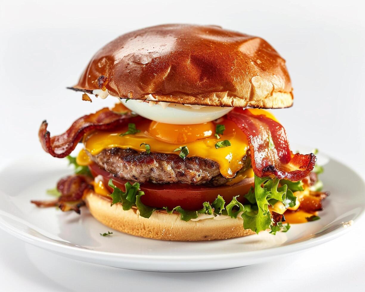 a hamburger with bacon, lettuce and an egg photo