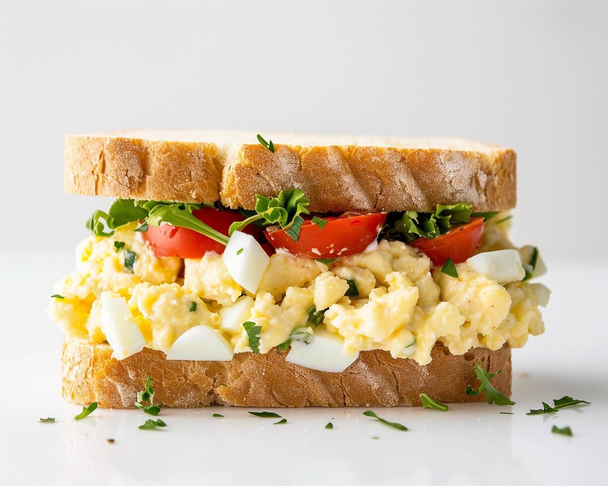 a sandwich with egg salad and tomatoes photo