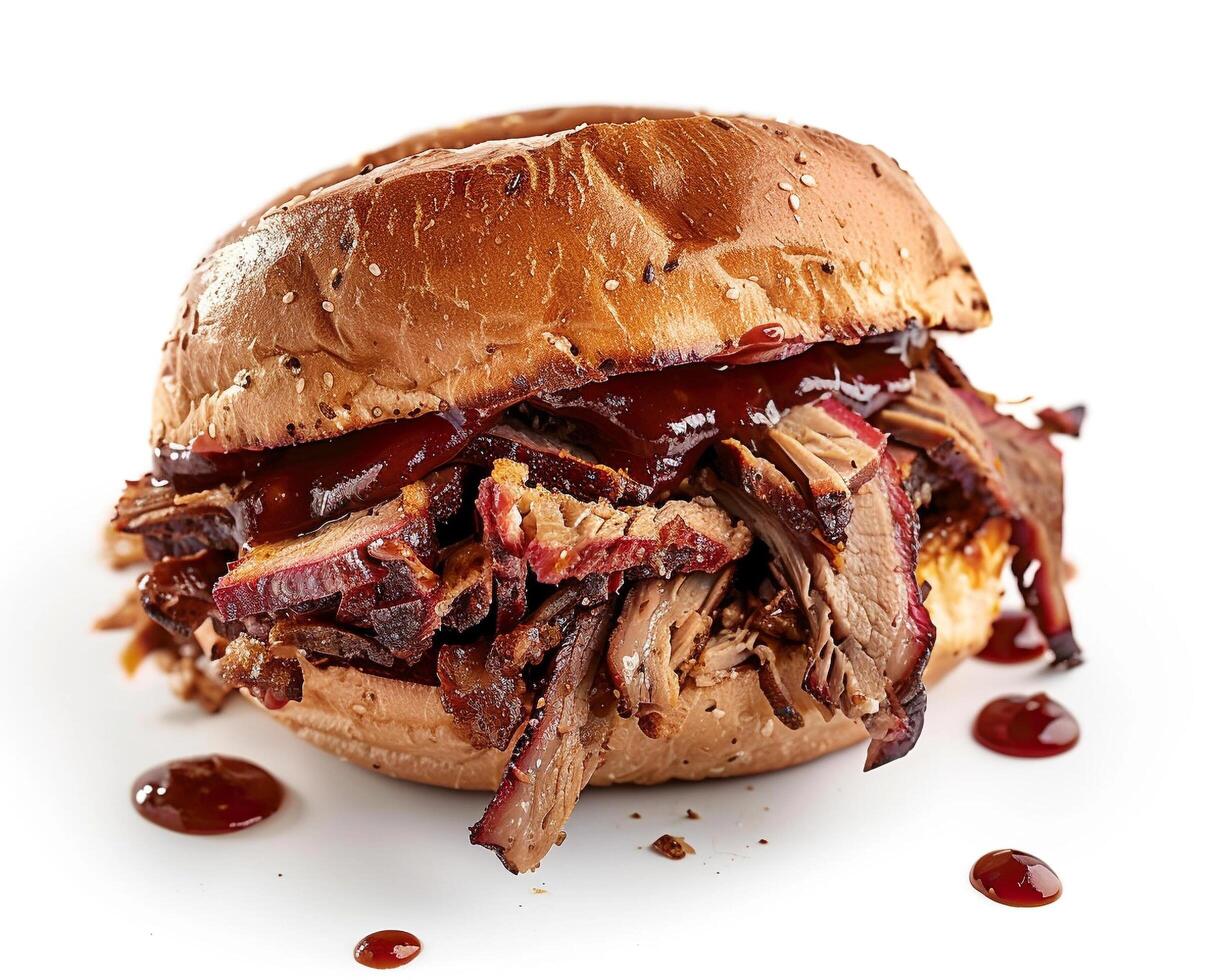 a pulled pork sandwich with bbq sauce on a white background photo