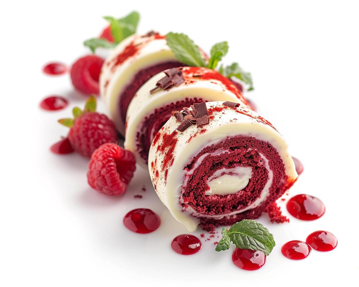 a roll of red velvet cake with cream and raspberries photo