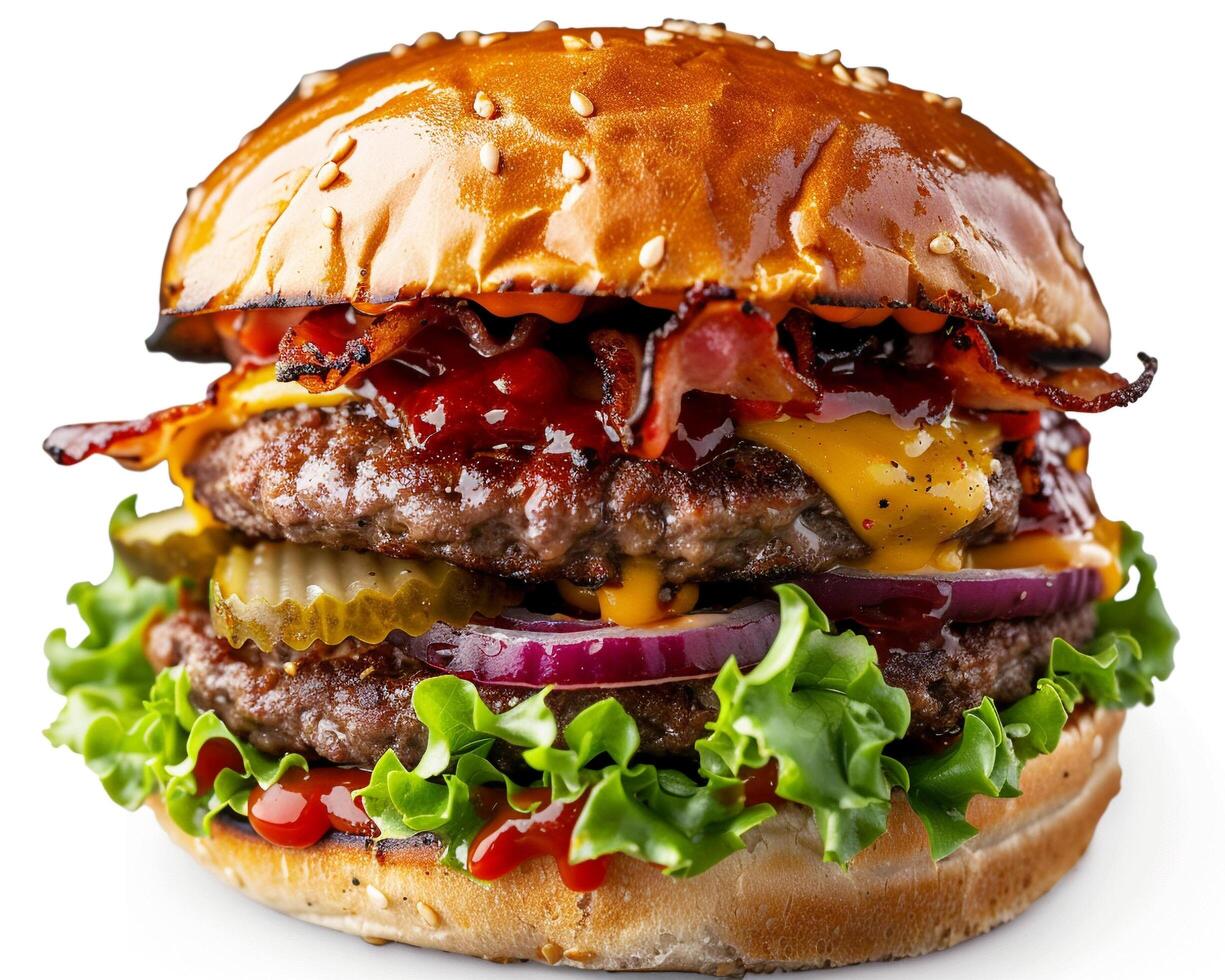 a large hamburger with cheese, bacon and lettuce photo