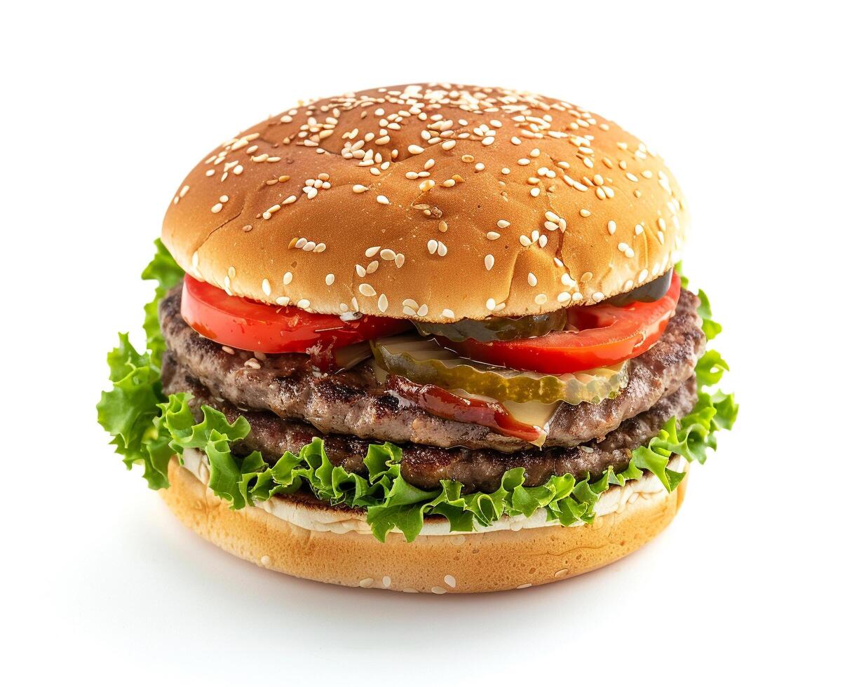 a hamburger with lettuce, tomato and cheese on a white background photo
