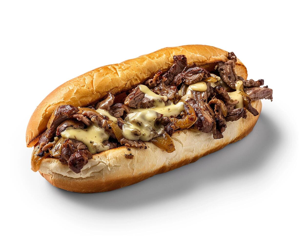 a beef sandwich with cheese and sauce on a white surface photo