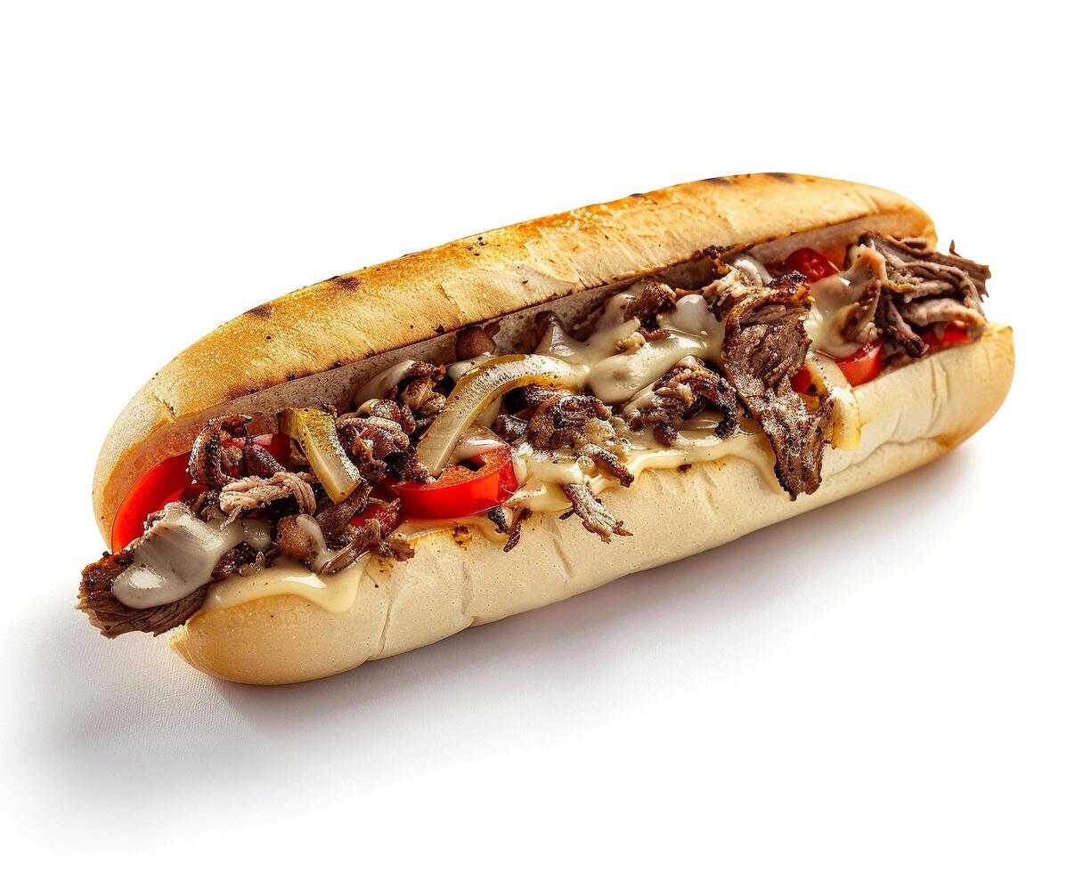 a sandwich with meat and peppers on a white surface photo