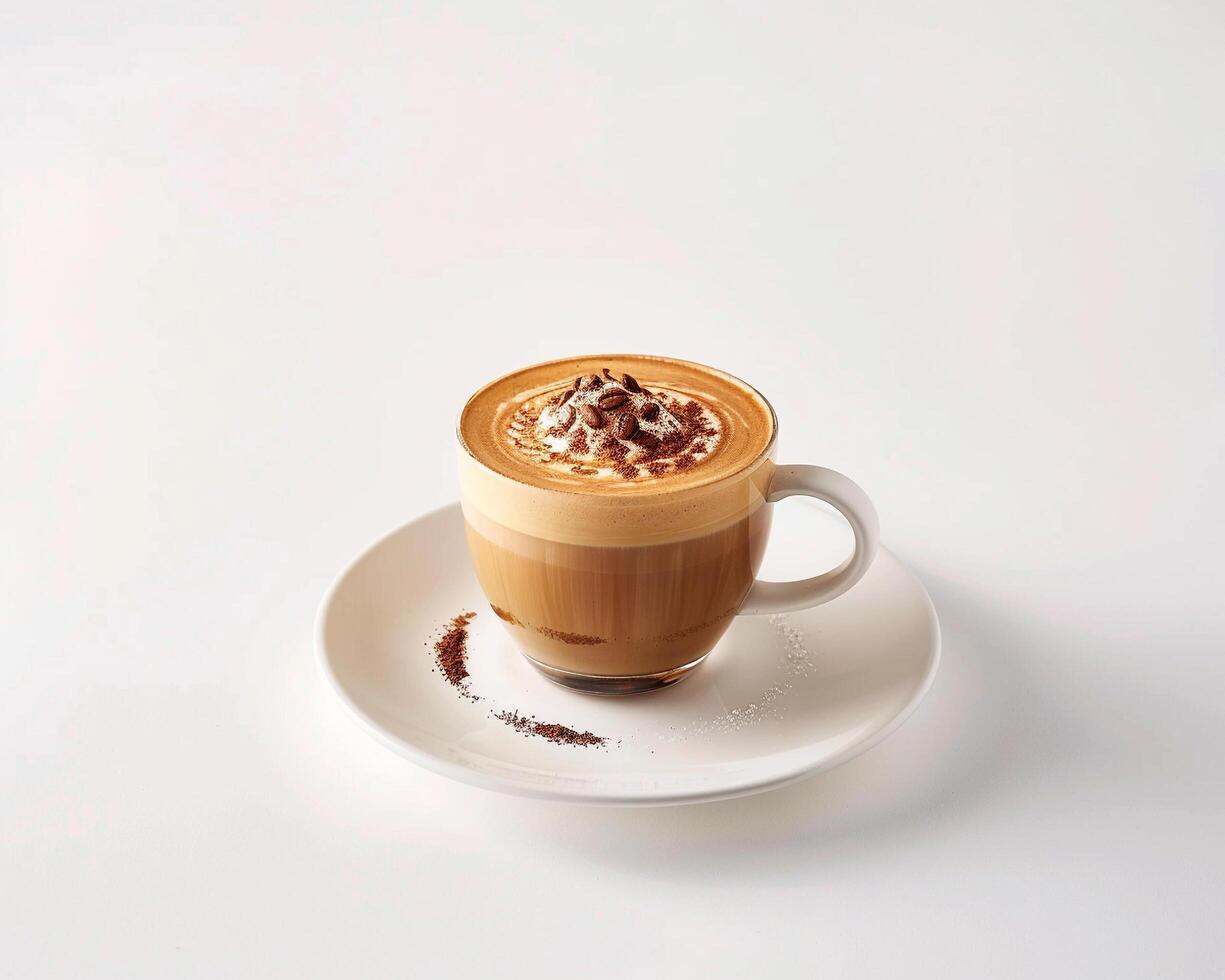 a cappuccino is sitting on a white plate photo