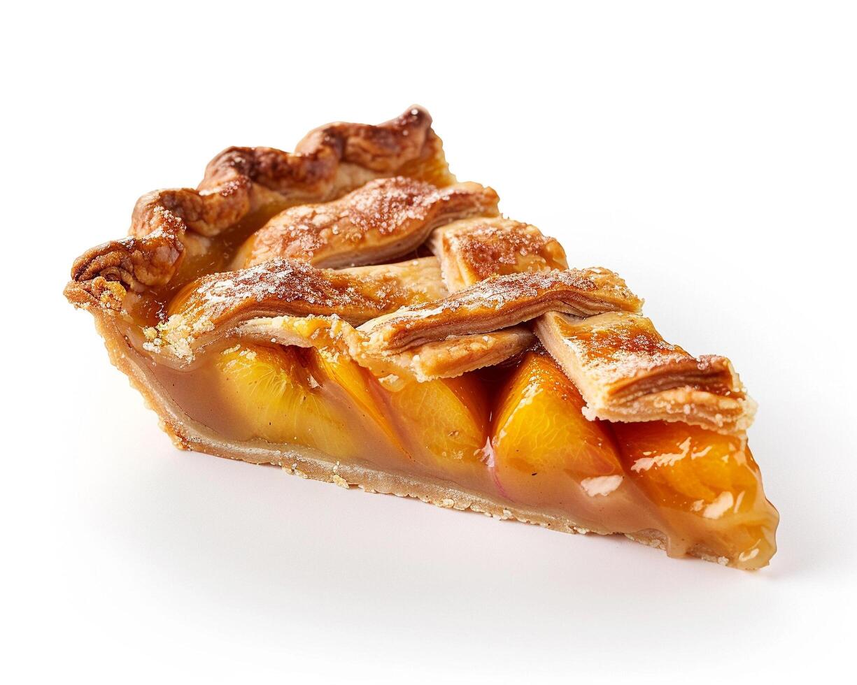 a slice of peach pie on a white background photo
