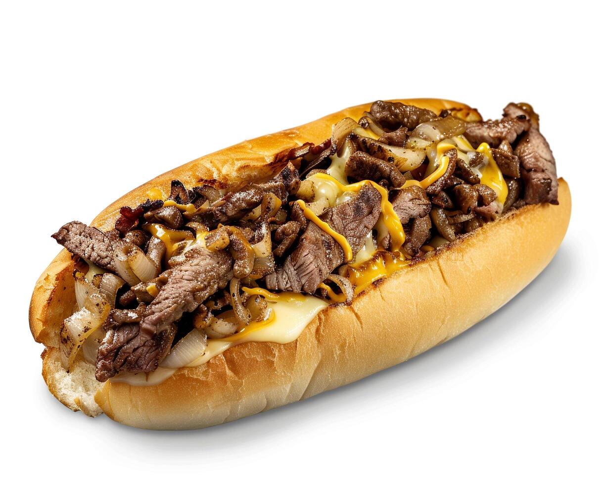 a beef and cheese sandwich on a white surface photo