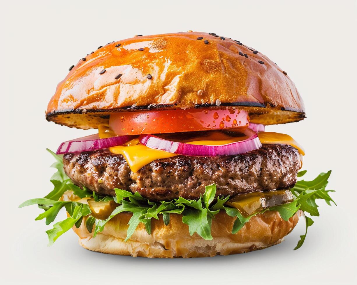 a hamburger with cheese, onions and tomatoes photo