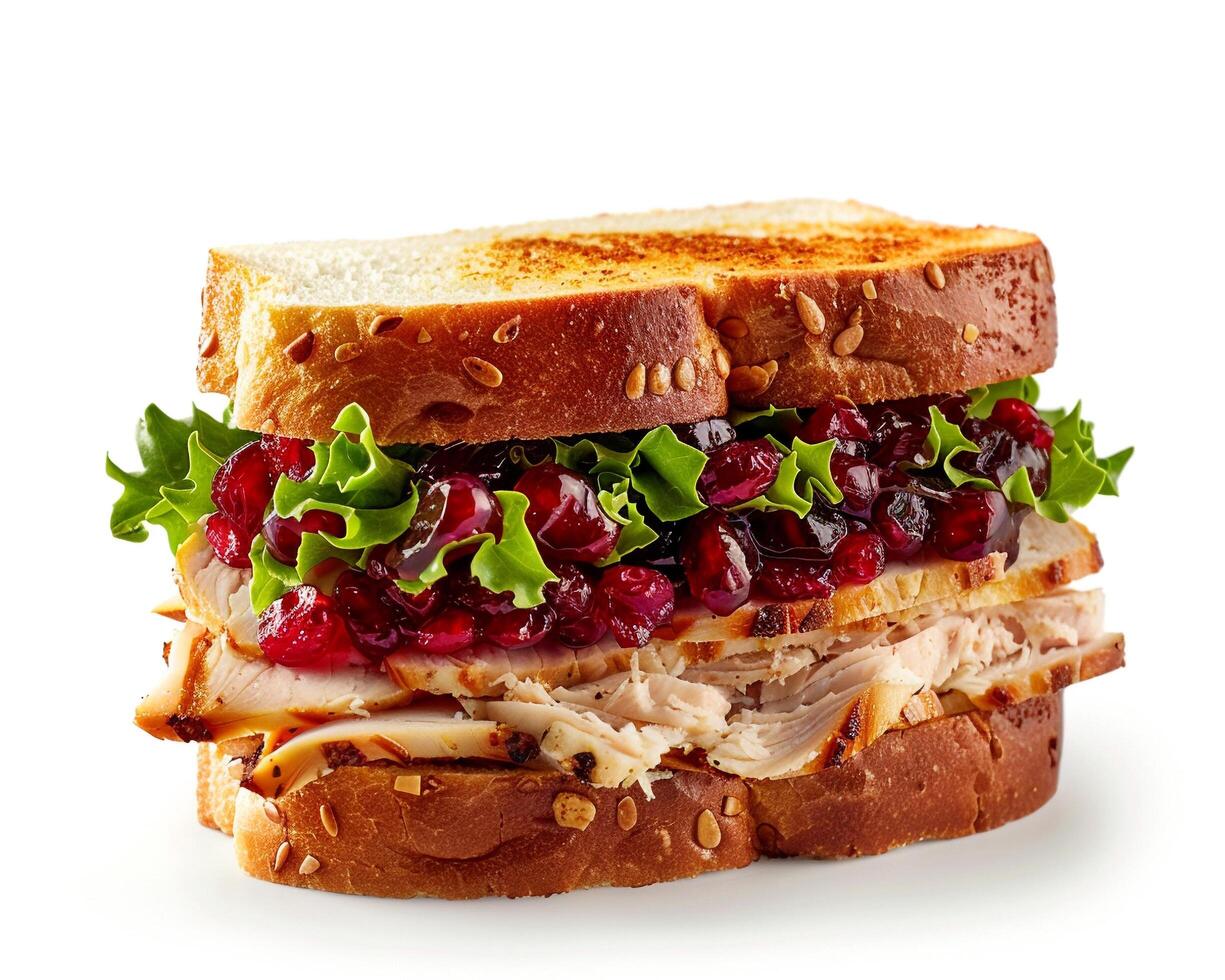 a turkey sandwich with cranberry sauce and lettuce photo
