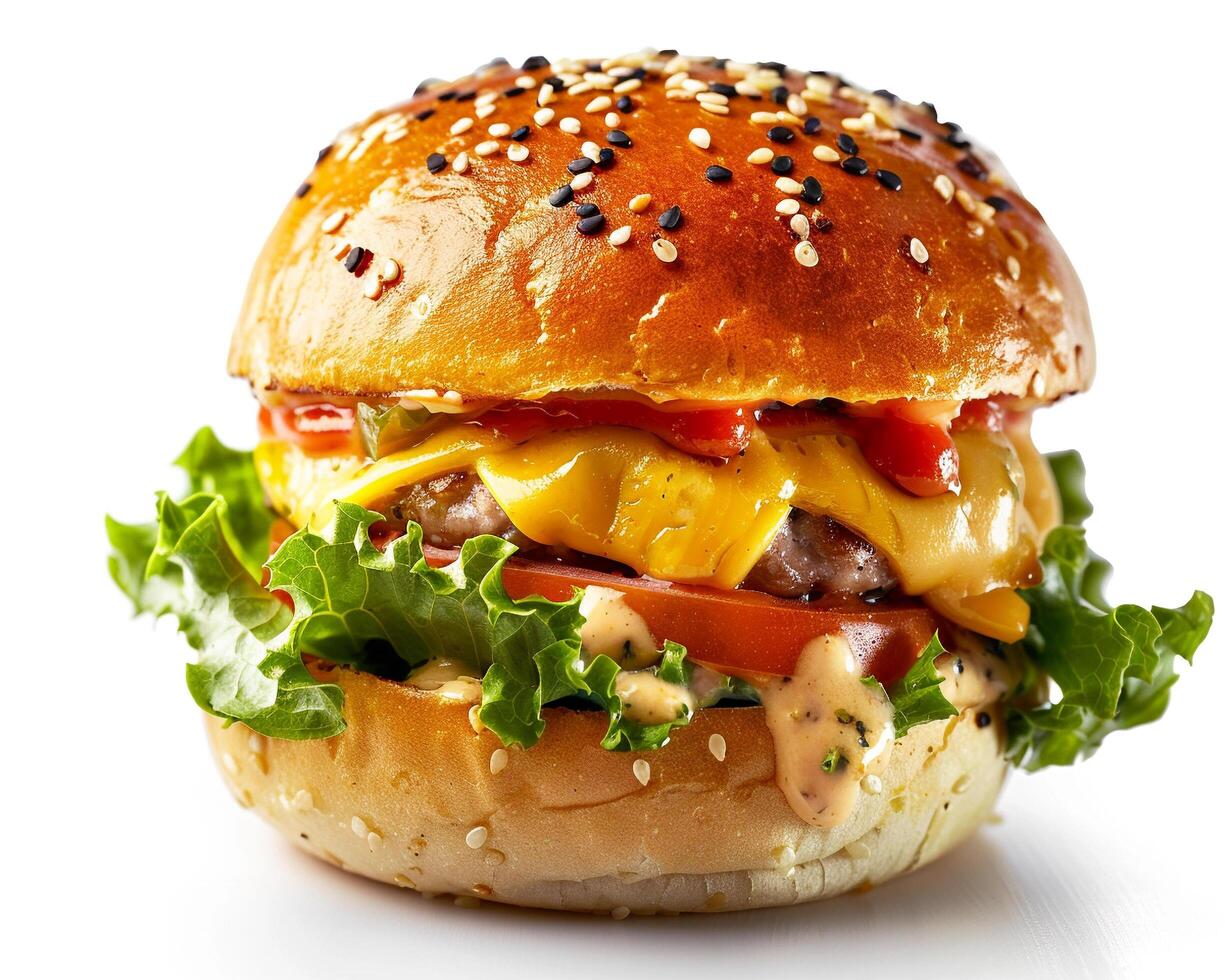 a hamburger with cheese, lettuce and tomato on a white background photo