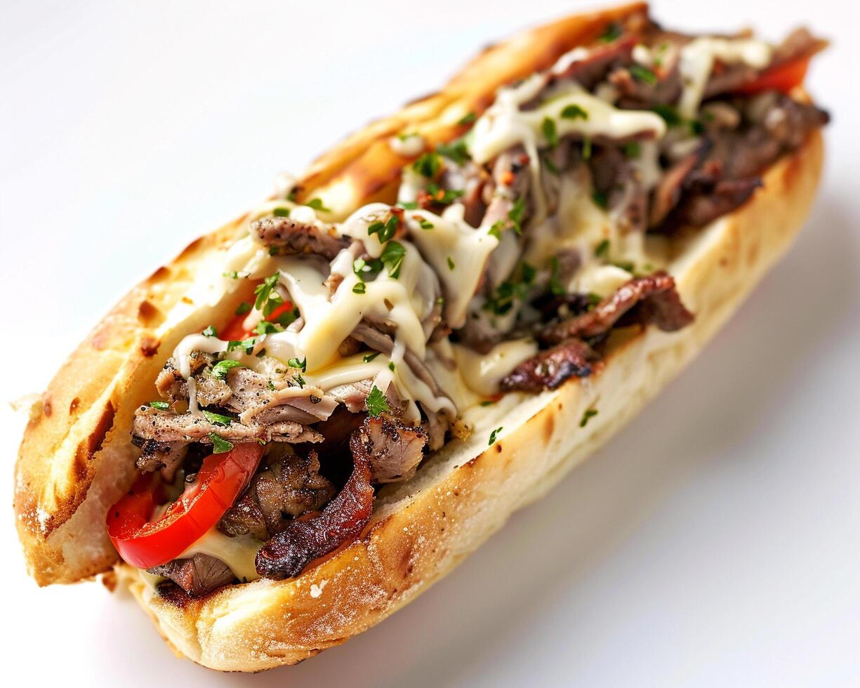 a steak sandwich with cheese and peppers on a white plate photo