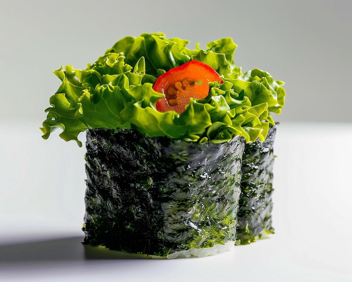 a sushi roll with lettuce and tomato photo