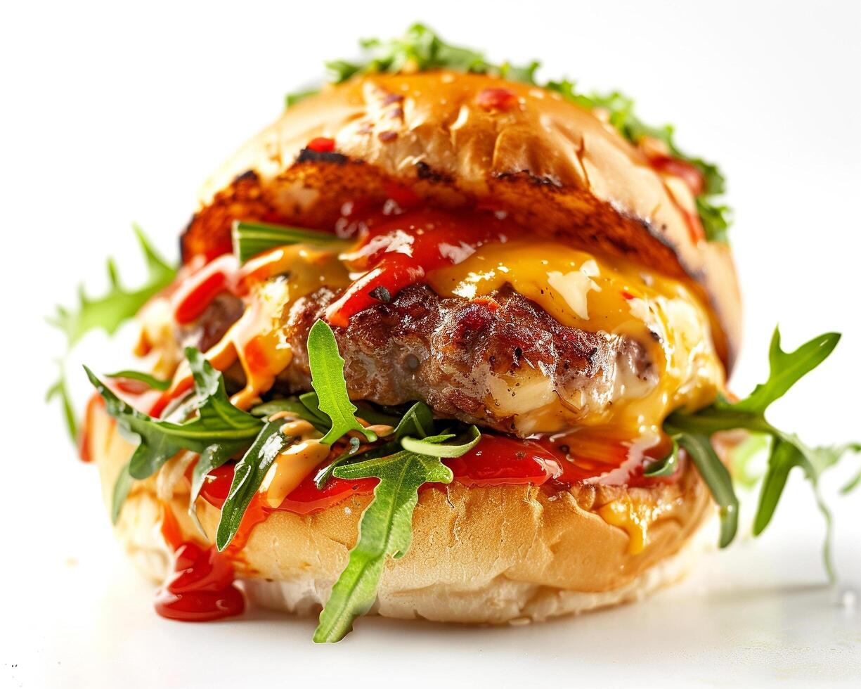 a hamburger with cheese and sauce photo