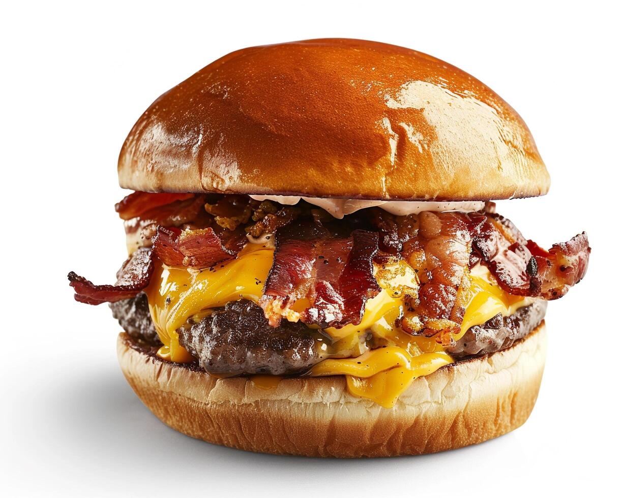 a hamburger with bacon and cheese on it photo