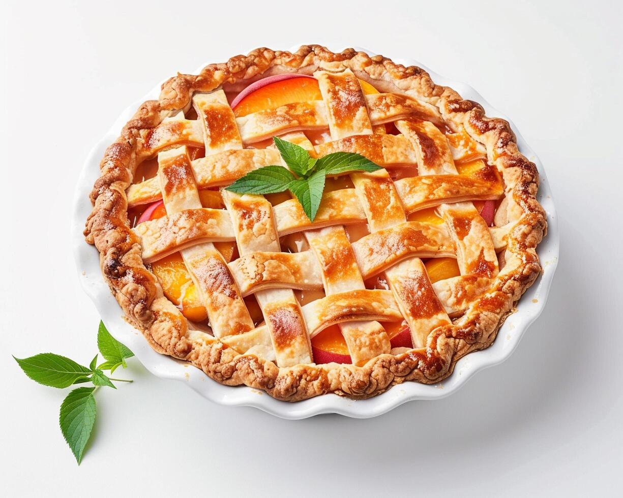 a pie with a lattice top and fresh green leaves photo