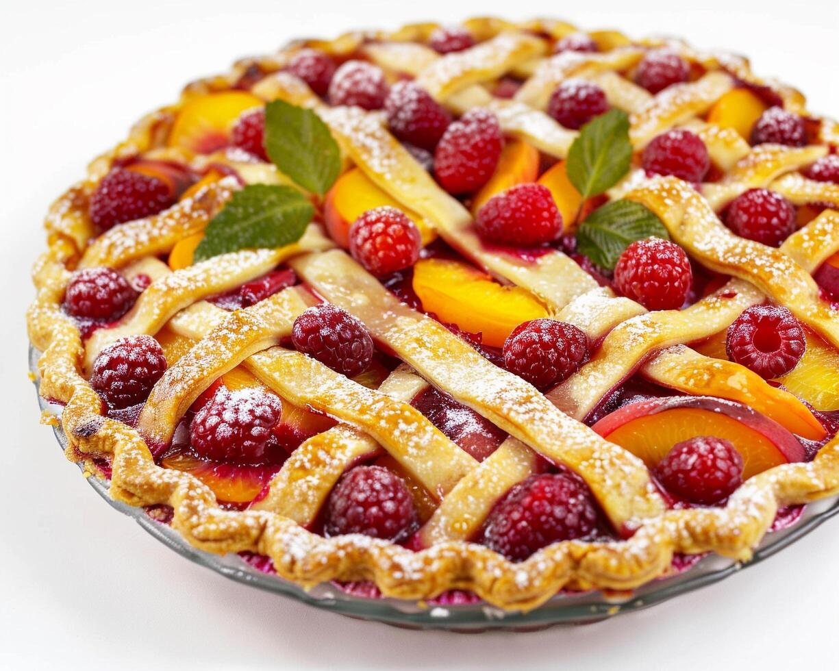 a pie with raspberries and peaches on top photo