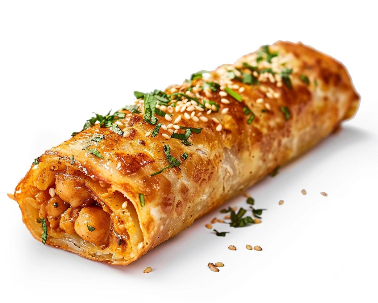 a roll with meat and vegetables on a white background photo
