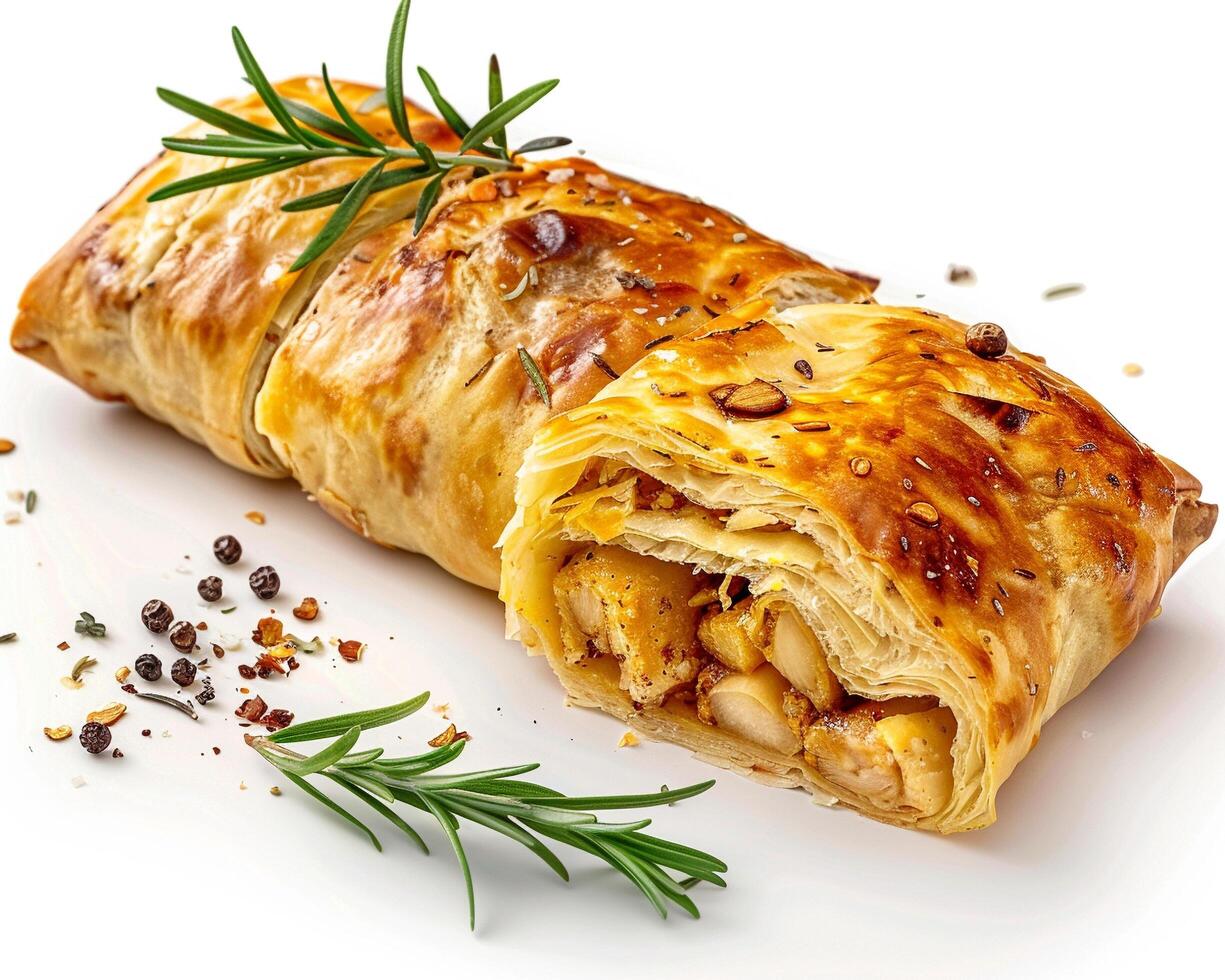a pastry with meat and herbs on it photo