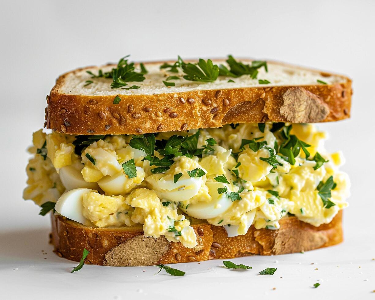 a sandwich with eggs and herbs on it photo