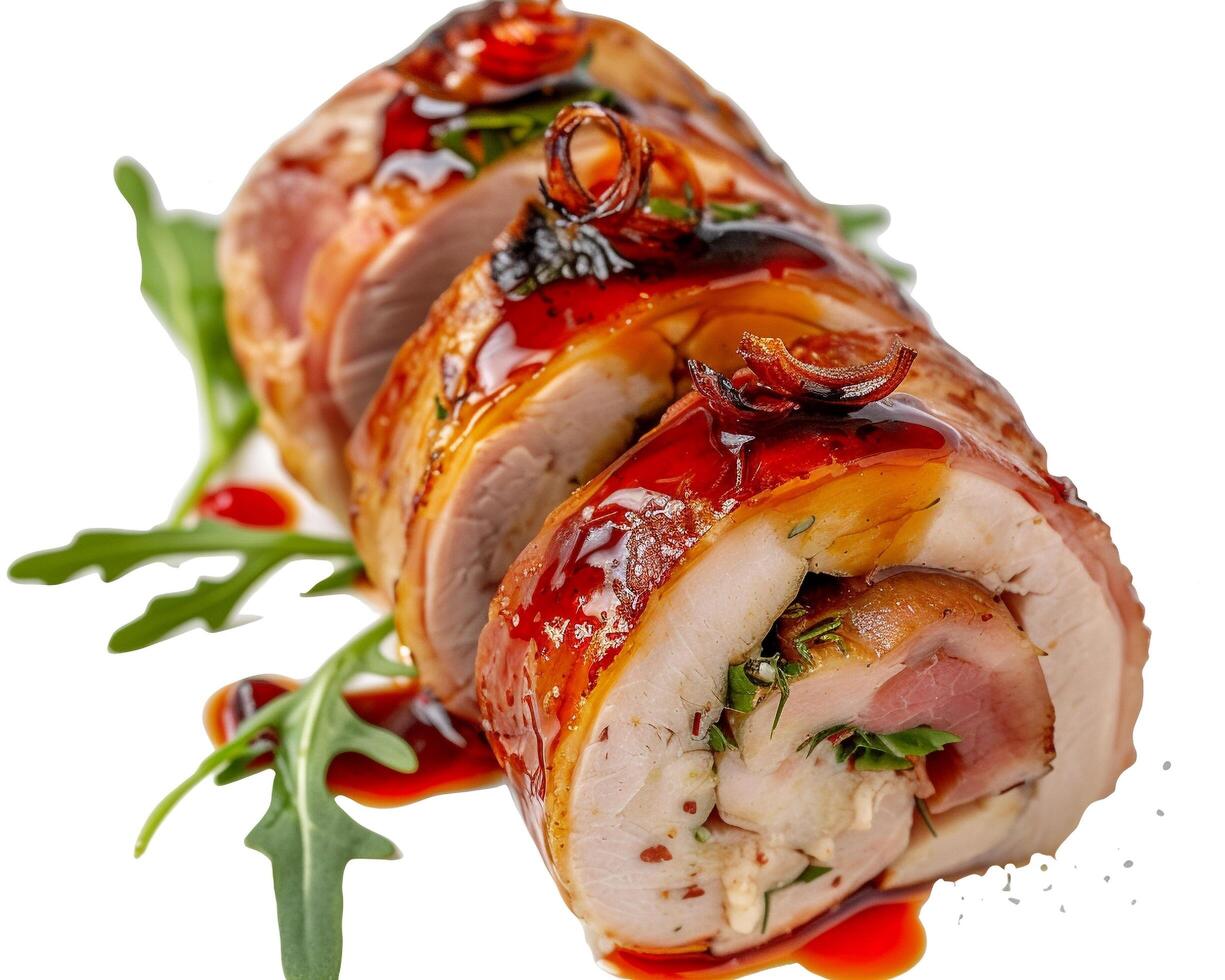 a roll of meat with sauce and herbs photo