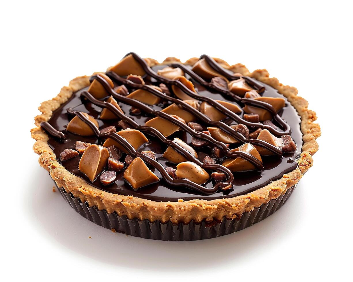 a chocolate pie with caramel and chocolate drizzle photo