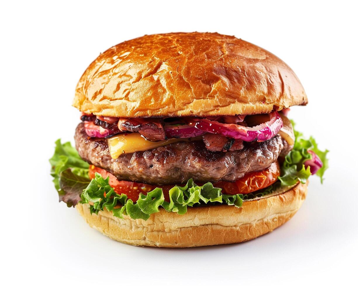 a hamburger with lettuce, tomato and cheese on a white background photo