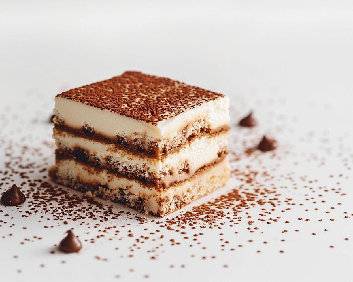 a piece of tiramisu cake on a white surface photo